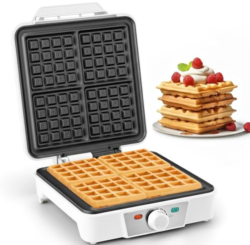 VINATO Waffeleisen Belgische Waffel, 4-Scheiben Quadratisches Belgisches Waffeleisen, 5 Bräunungsknopf, Kontrollleuchten, Anti-Überlauf