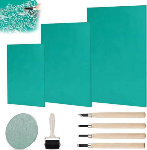 Henxing Set di 9 Piastre per Stampa Linoleum, Formato A4, A5, A6, Blocchi di Gomma Morbida per Incisione, Superficie Piatta, Colore Verde