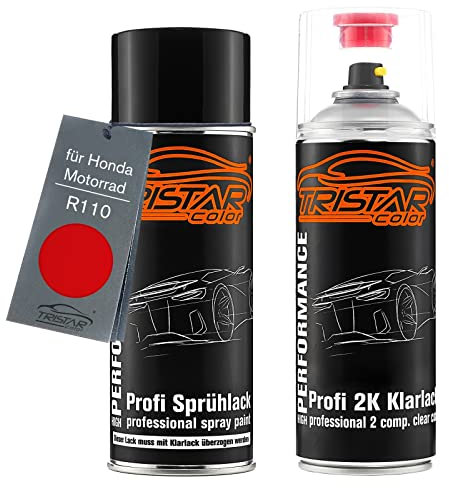 TRISTARcolor Vernice per moto Kit bombolette spray 2K per Honda Motorrad R110 Rosso Monza Bomboletta a spruzzo vernice di base 2 componenti vernice trasparente