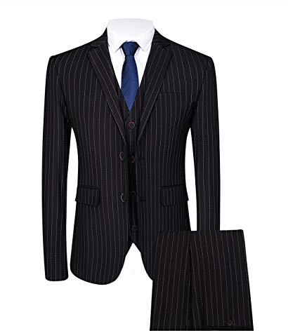 Mens 3 Piece Pinstripe Suit Slim Fit Casual Dress Suits Blazer + Vest + Pants, Black, 36