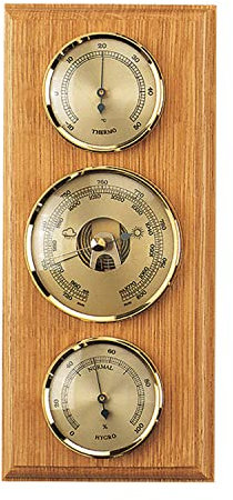SELVA Instrumento meteorológico mecánico analógico roble claro exterior con termómetro, barómetro, higrómetro, 270 x 120 mm