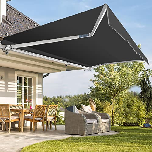 Fiqops Manual Awning 3 x 2.5m Grey with Hand Crank, Garden DIY Patio Awning Canopy Sun Shade Shelter Retractable, Anti-UV and Waterproof for Courtyard, Balcony, Restaurant, Gazebo