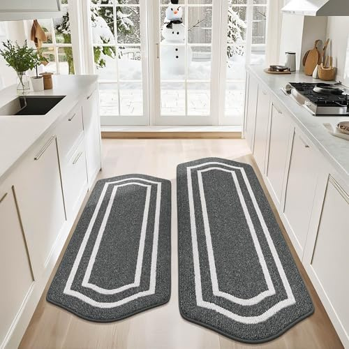 COSY HOMEER Long Kitchen Floor Mats for in Front of Sink Super Absorbent Kitchen Rugs and Mats 24x48+24x59Non-Skid Kitchen Mat Standing Mat Washable,Polypropylene,Dark Grey,Frame
