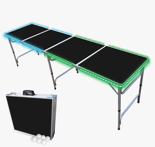 PARTYPONG Tavolo da pong pieghevole da 8 piedi con luci a LED, HEXCUP gratuiti, pennarelli cancellabili, palline da pong e adesivi triangolari - superficie cancellabile nera