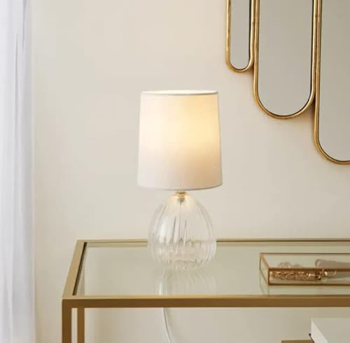 Bloomingtons Direct Table Lamp Bedside Light Clear Glass Base & Faux Linen Bell Shade Bedroom Nightstand Glass Table Lamp (Ivory)