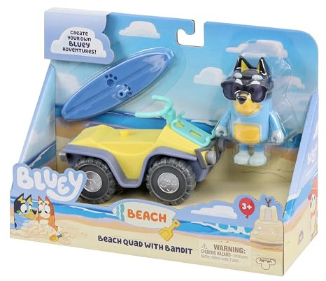moose toys Coffret véhicule et Figurine Bluey, Quad de Plage avec Figurine de Bandit de 7,6 cm et Planche de Surf