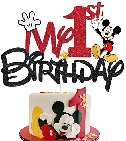 JUYRLE Black And Red 1 Year Old Cake Topper - My 1st Mouse Cartoon Happy Party Decorations First Birthday Party Supplies Decor for Kids Boys