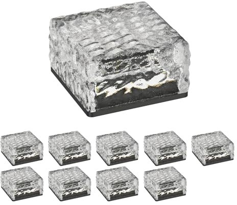 ledscom.de 10 Stück LED Solar-Pflasterstein Bodeneinbauleuchte BROSLO für außen, IP67, Glas, eckig, 10 x 10cm, warmweiß