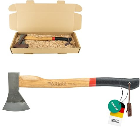 ADLER Kanuaxt inkl. Lederschutz: Geschmiedete Holzaxt aus C60-Stahl, Campingaxt mit 50 cm Hickory-Stiel, Anti-Rutsch-Outdoor-Axt, Survival Axt für Camping & Holz spalten, Rot/schwarz, 600 g