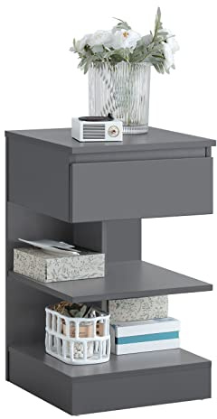 SoBuy Mesita de Noche con 1 cajón y 2 estantes, Mesa Auxiliar, Moderna Mesa de Noche Dormitorio, 39 x 39 x 65 cm, Gris, FBT49-HG