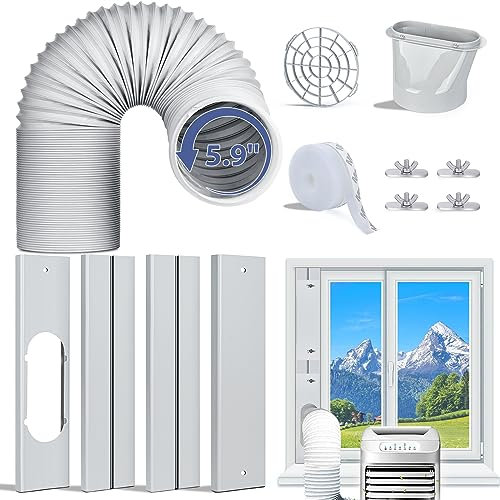 CASSAIO Kit de ventana de aire acondicionado portátil, sin costuras, portátil, con adaptador universal de manguera de escape de 5.9 pulgadas, placas de sellado de ventana ajustables para ventana