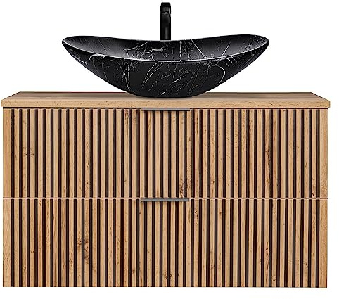 Lomadox Waschtisch Set 100 cm mit Unterschrank anthrazit Eiche Nb. schwarz gerillt Waschbecken Keramik schwarz marmoriert B/H/T ca. 100,6/74,7/46,5 cm