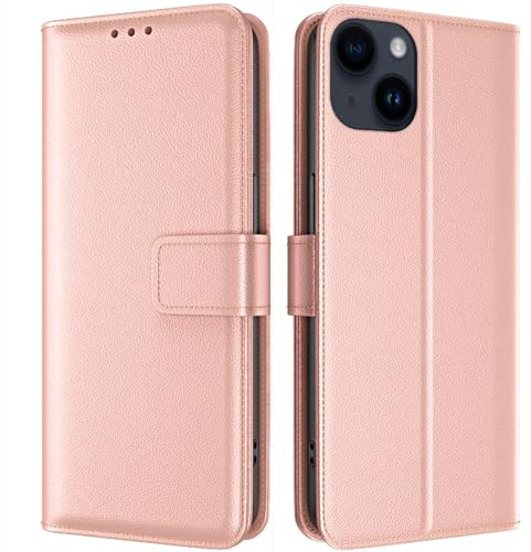 TQIAHF mobilskal för iPhone 15, skal, hopfällbart skal, läder, vikbart fodral för iPhone 15, flipskal, skyddsskal, med kortfack, komplett skydd, fodral, läderskal, mobilfodral för iPhone 15, roséguld