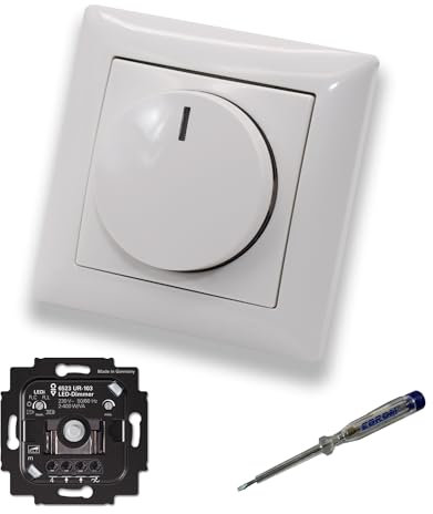 Busch Jäger 6523UR-103 LED-Drehdimmer LED-Dimmer mit Dimmerscheibe Zentralplatte 2115-914 Einfachrahmen in Balance Si alpinweiß glänzend inklusive EBROM Phasenprüfer z. Montage des Dimmers 6523 UR-103