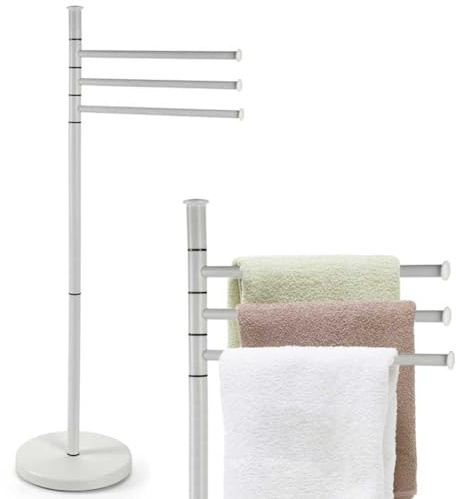 BAKAJI Portasciugamani da Terra Modello Parigi con 3 Aste Regolabili, Porta Asciugamani a Piantana con Base Rotonda, Stand Organizzatore a 3 Livelli Ruotanti da Bagno Autoportante (Bianco)