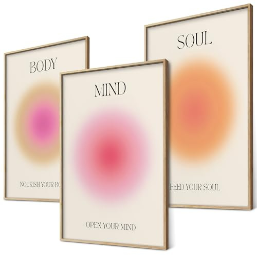 Mind Body Soul Poster Set Achtsamkeit Aura Farben Yoga Wanddeko Inspirierende Bilder Mindfulness Schlafzimmer Deko Wohnzimmer Dekoration Homeoffice Achtsamkeitsposter (3x A4 | Ohne Rahmen)