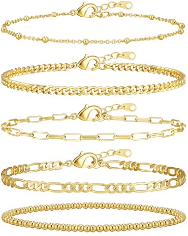 adoyi Gold Bracelets for Women, 14K Gold Plated Stackable Bracelet Stack Set Adjustable Charm Paperclip Chain Cuban Link Layered Waterproof Jewelry Sets Gifts for Womens 6.8 Inch