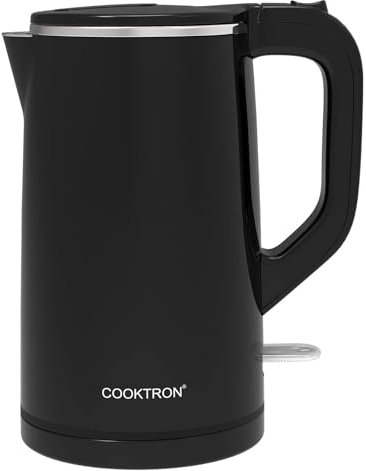 Cooktron Bouilloire Électrique Inox, 1,7 L, Noire, Extra Silencieuse <30dB, BPA-Free, Design à Double Paroi, Chauffage Rapide