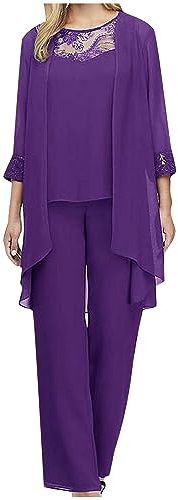 NSICBMNO Purple Co Ord Sets For Women Plus Size Mother Of The Bride Outfits 3 Piece Outfits Waterfall Cardigans Lace Sleeveless Top Trousers Set Chiffon Trousers Suits Wedding Guest