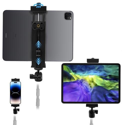 Universal tablet tripod mount, iPad Tripod Mount Adapter fits iPad Pro, Air, Mini, Galaxy Tabs, Surface Pro, More. 360° Rotatable Ball Head, 1/4 Screw Included. iPad Holder for Tripod (5.51-9.44)