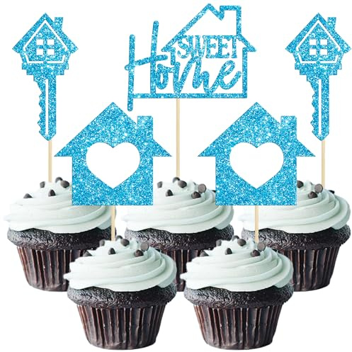 Gyufise 24 Pack Sweet Home Cupcake Toppers House Warming Decorations Welcome New Home Cupcake Picks for Housewarming Party Cake Decorations Light Blue