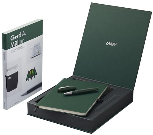 Lamy 2000 pine Füller Set mit Notizbuch DIN B5, Feder in Strichbreite F | Füllfederhalter im strichmattiertem Gehäuse aus Edelstahl & Polycarbonat – 14 kt. Goldfeder, partiell platiniert