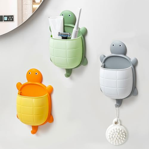 CRITIVE-SHOP 3PCS Zahnbürstenhalter Aufbewahrungsboxen Wandmontage, Schildkröte Schwimmende Regale Fernbedienungshalter, Wand Aufbewahrungsregal mit Haken, Selbstklebend Stifttopf Makeup Pinselhalter