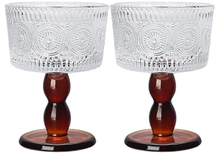 Boxonly Amber Sunburst Glass Goblet - 200ml Handcrafted Lead-Free Glass with Retro Floral Pattern, Amber Stem Design, Great for Red Wine, Champagne, and Festive Occasions