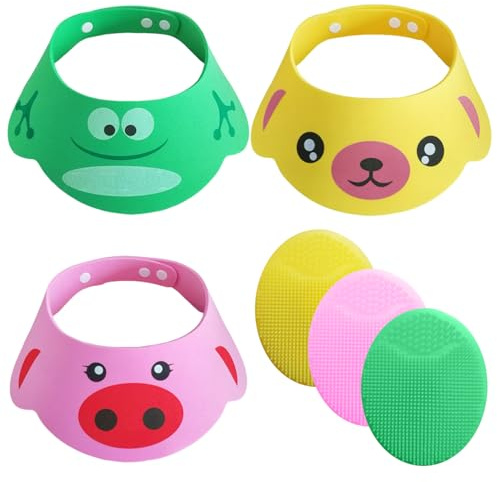 3 Bonnets De Douche Pour Bébé Et 3 Brosses À Shampoing En Silicone, Bonnets De Douche, Bonnets De Douche Réglables, Brosses De Nettoyage De Baignoire Pour Enfants