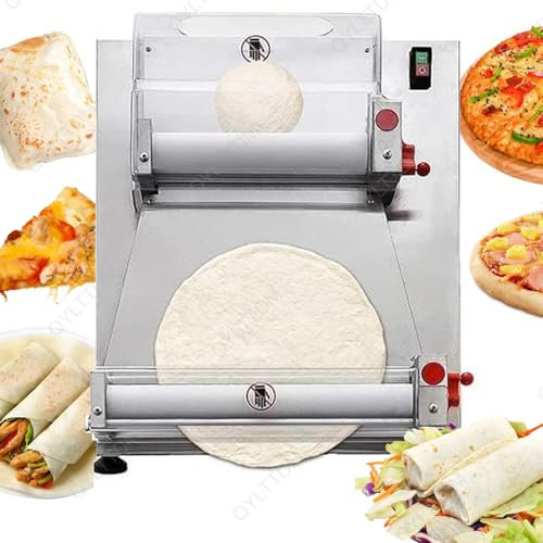 QYLTTDM Electric Stainless Steel Tortilla Press Machine, 370W Commercial Pizza Dough Roller Sheeter, Dough Weight 50-500g, Pizza Thickness 1-5.5mm, for Noodle, Pizza Bread and Various Dough Cake