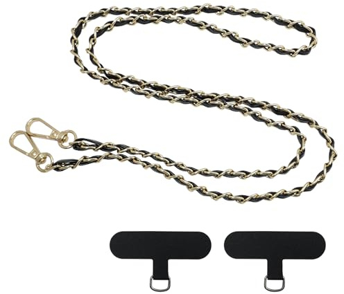 JUGCUT Universal Anti-Theft Phone Lanyard for iPhone 16/15 – Crossbody Metal Chain Strap with PU Patch, Gold & Black, Hands-Free Secure Holder for Women & Men