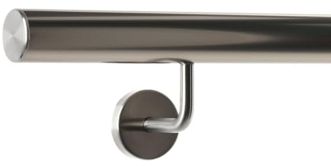 TIBU Handlauf Aluminium Edelstahl Optik 30-600cm Wandhandlauf Treppe gewinkelte Edelstahlhalter, Länge 210 cm mit 3 Halter und gerade Kappe