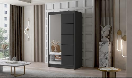 Easy4You 100 cm Modern Sliding 2 Doors Black Wardrobe LOIII Wardrobe with Mirror for Bedroom Furniture Set with Clothes Rail Storage