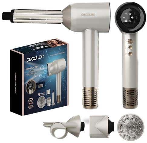 Cecotec Secador de Pelo Motor Brushless y Tecnología de Plasma DryGlam Waves Champagne. 1600W, 110000RPM, 4en1 Cabezales, Efecto Coanda, Pantalla Digital, Control Inteligente Calor, Función Memoria
