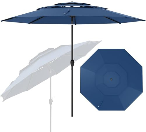 RELAX4LIFE Parasol Droit Inclinable 3M, Parasol de Jardin Extérieur 3M Rond, Toit Ventilé à 3 Couches, Inclinaison 30°, Manivelle, 8 Baleines, Protection Solaire pour Balcon Terrasse (Bleu foncé)