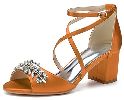 Donna Punta Aperta Cinturino Incrociato Tacco A Blocco 6 CM Strass Cinghietti Sandali da Sera,Arancia,39 EU
