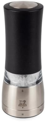 PEUGEOT - Elektrische Salzmühle Daman u‘Select 16 cm - 6 Mahlgrade - Innovatives Zirlion-Mahlwerk für pulverfeines Salz - Aus Edelstahl - Französisches Know-how - Mit irisierend schwarzem Finish