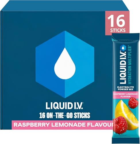 Liquid I.V. Hydration Multiplier Electrolyte Powder Mix, Raspberry Lemonade Flavour, Electrolytes with 7 Vitamins & Minerals for Fast Hydration & Energy, Vegan and Gluten Free, 16 Sachet Sticks