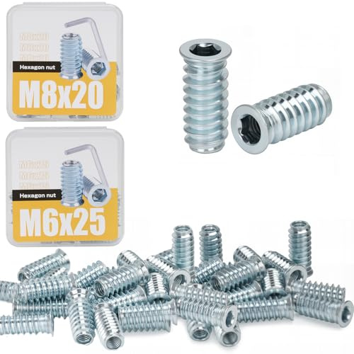 Nutmanel 40 piezas Inserción Roscada de Madera, M6*25, M8*20,Tuercas de Rosca, Tuercas Roscadas Hexagonales Insertos, para Instalación y Muebles de Madera