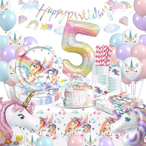 WINAROI Einhorn Deko Kindergeburtstag,Einhorn Geburtstagsdeko Mädchen 5 Jahre,Geburtstag Party Geschirr,Pappteller Kindergeburtstag mit Einhorn Luftballons Pappteller Tassen Servietten Tischdecke