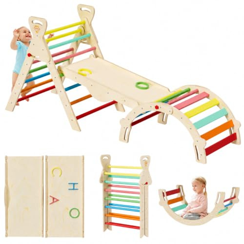CHAO KWORLDS Pikler Dreieck 8-in-1 klappbar, Montessori Klettergerüst Indoor aus Holz mit Rutsche, Kletterbogen und Rampe für Kinder 2–6 Jahre stabil und platzsparend, Regenbogenfarben