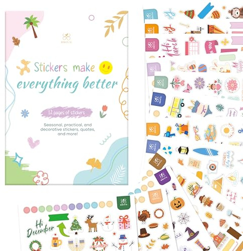 BIROYAL 12 Blätter Jahreszeiten Sticker Set, über 500 Aufkleber Cartoon | Scrapbook Sticker für Fotoalbum Bullet Journal Zubehör Deko, DIY Aufkleber für Kinder Erwachsene Basteln Geschenke, 17 x 24cm