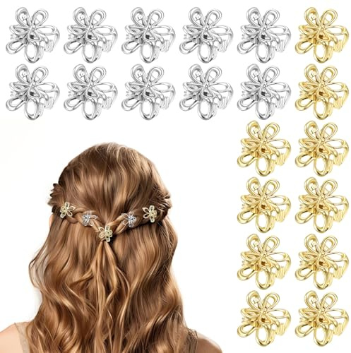 20 Stück haarklammer Klein Haarkrallen Clips Mini Haarspangen Kleine Metall Gold Und Silber Haarclips Blumen Haarschmuck Blume Haar Kieferklammern für Damen Niedliche für Hochzeit Alltag Party
