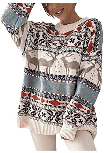 Sobzia Weihnachtspullover Damen Norweger Pullover Rundhals Casual Weihnachtspulli Winterpullover Herbst Winter Warm Weihnachtsoutfit Wollpullover Langarm Gestreifter Weihnachts Pullover Frau Beige XL