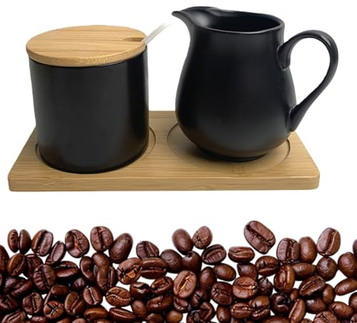 GOMETY Milch und Zucker Set, Zuckerdose Milchkännchen Set mit Deckel, Milchkännchen Schwarz Keramik und Zuckerdose mit Holztablet, Holzkohle-Zucker- und Sahnekännchen für Küche & Kaffee(schwarz matt)