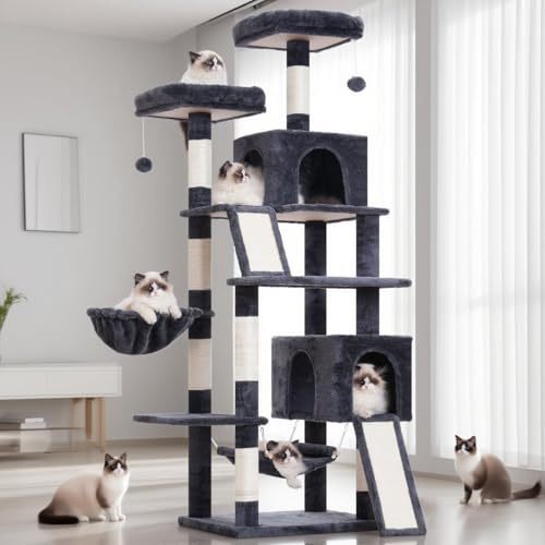 Gitelsnour Kratzbaum, Katzenbaum für Innenbereich, 180cm Katzenkratzbaum mit große ausgewachsene Katzen, 2 Kratzbrettern, 7 kratzbaume, 2 Plüsch-Plattformen, 2 Katzenhöhlen, Rauchgrau GCT032G