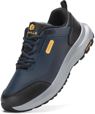 FitVille Wide Waterproof Shoes for Men Non Slip Outdoor Walking Shoes with Arch Support for Heel Pain Relief, Soft Toe Low-Top for Long Hikes,Trekking,Trails Navy Blue/Black