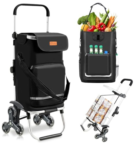 Sekey XXL Einkaufstrolley Treppensteiger mit 3 Rädern, Einkaufswagen für Camping und Einkäufe mit Höhenverstellbarem Griff, Aluminium 3-in-1 Trolley, Inklusive Kühlfach und Getränkefach, Schwarz