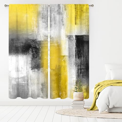 MESHELLY Yellow Grey Curtains 42Wx63H Inch Rod Pocket Abstract Geometric Square Watercolor Blocks Contemporary Oil Paint Bedroom Window Drapes Colorful Aesthetic Printed Living Room Window Treatment