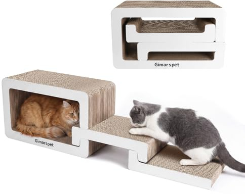 Gimars 3 in 1 Kratzbrett Katze XXL – Stilvolles Kratzmöbel aus Wellpappe, Stufen-Design Katzentreppe für Sofa & Bett, Aufstiegshilfe für Senior & Munchkin Katzen, Katzenlounge